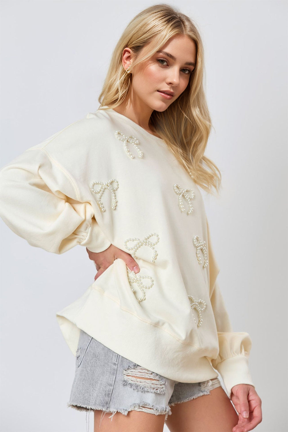 Pearl Bow Round Neck Dropped Shoulder Sweatshirt