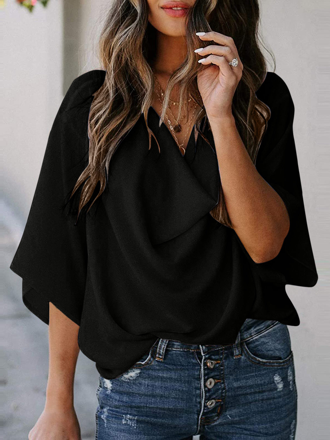 Full Size Cowl Neck Three-Quarter Sleeve Blouse