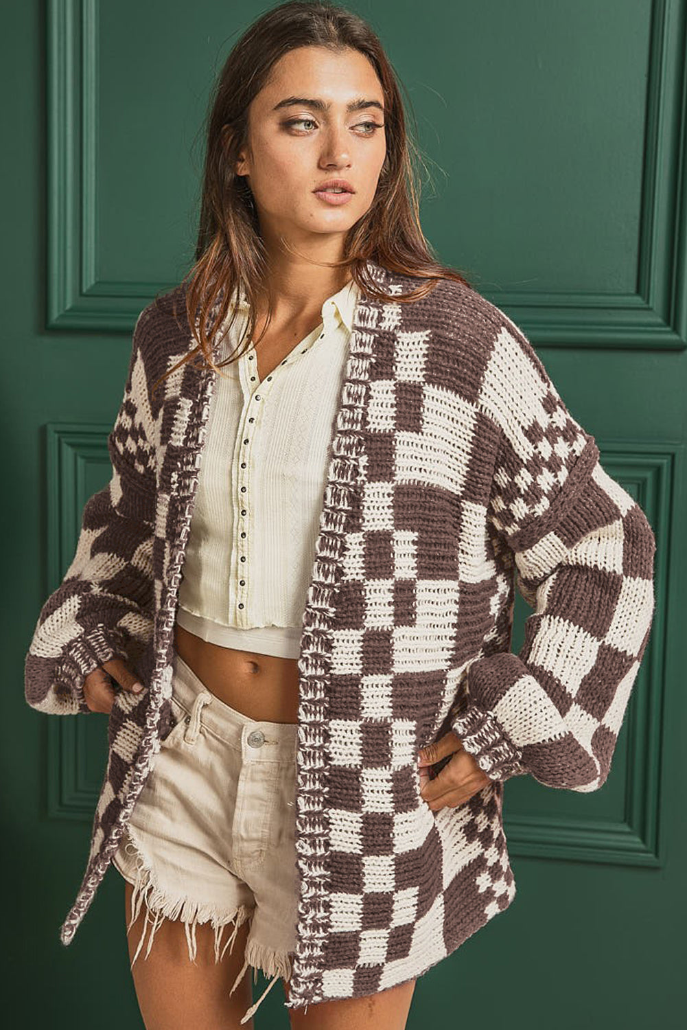 Checkered Open Front Long Sleeve Cardigan