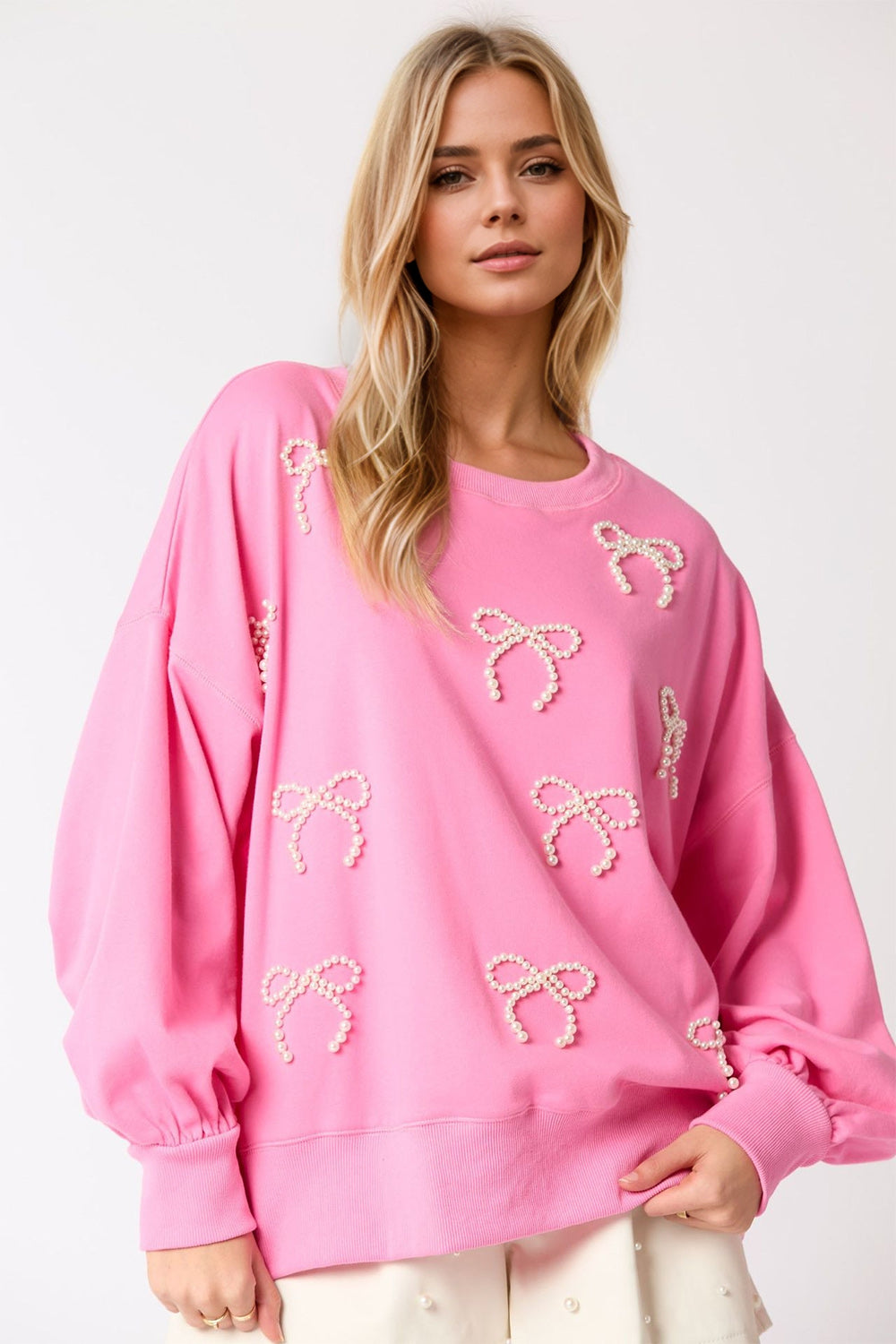 Pearl Bow Round Neck Dropped Shoulder Sweatshirt