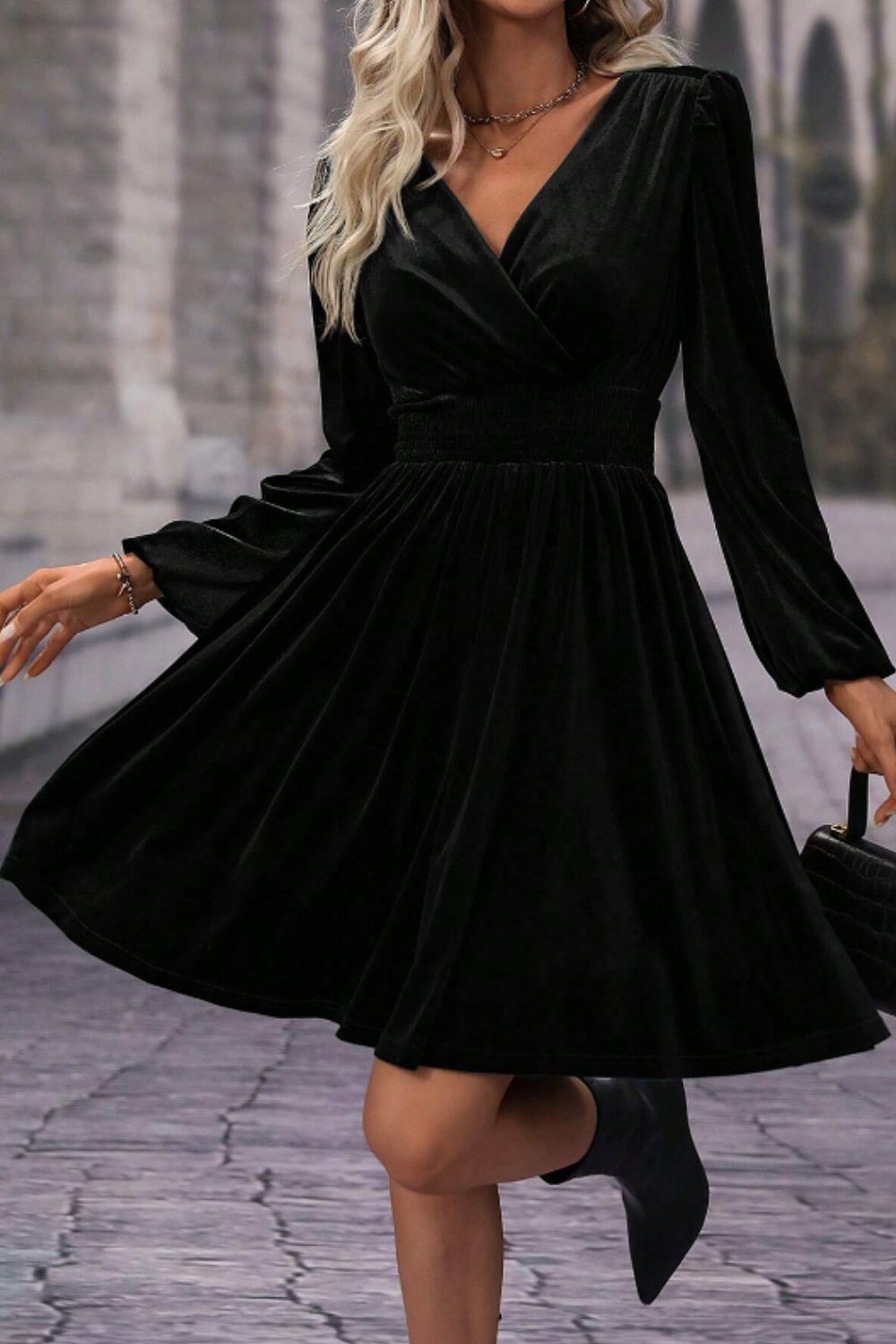 Surplice Long Sleeve Velvet Dress