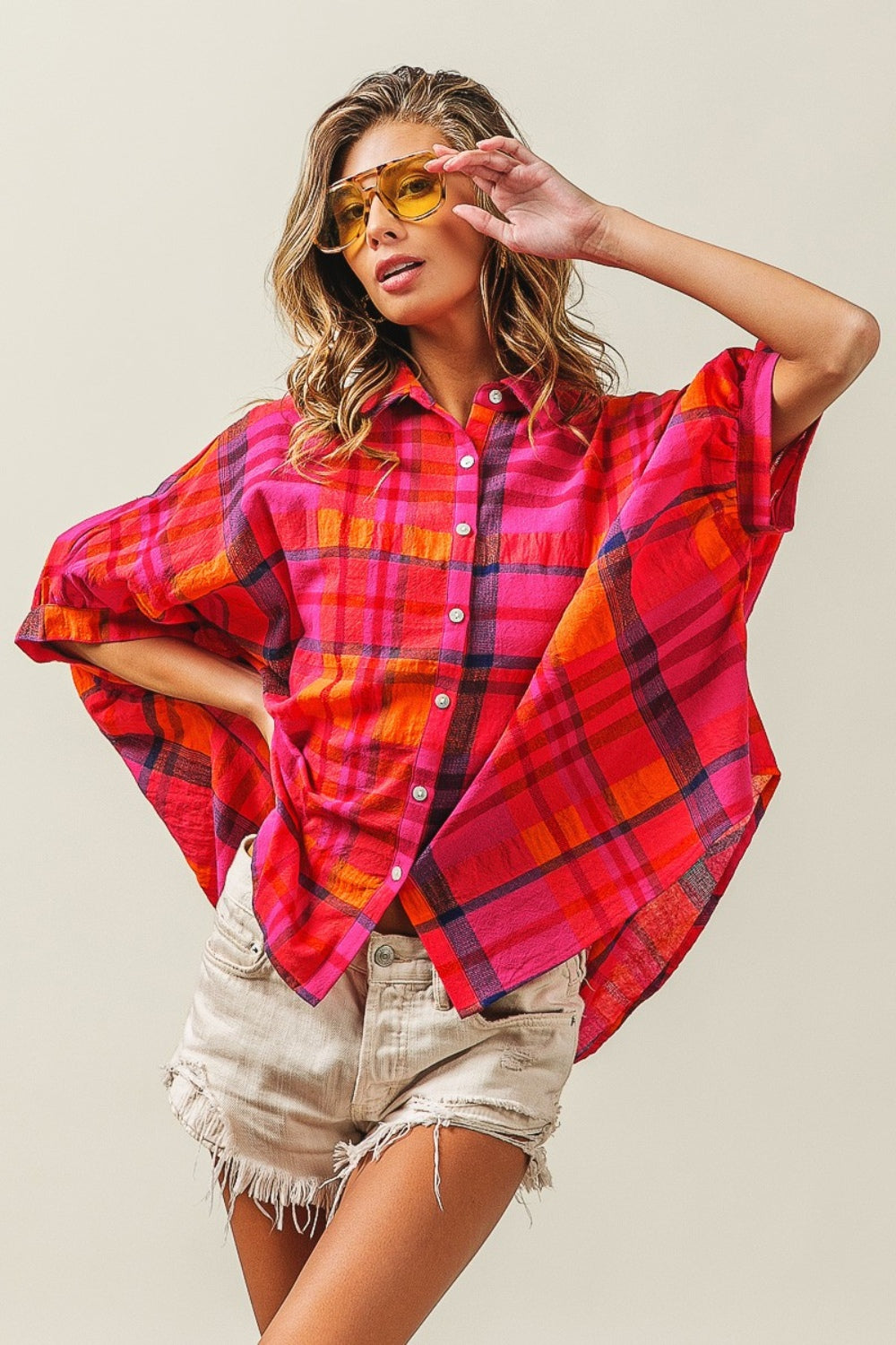 BiBi Button Up Dolman Sleeve Plaid Shirt