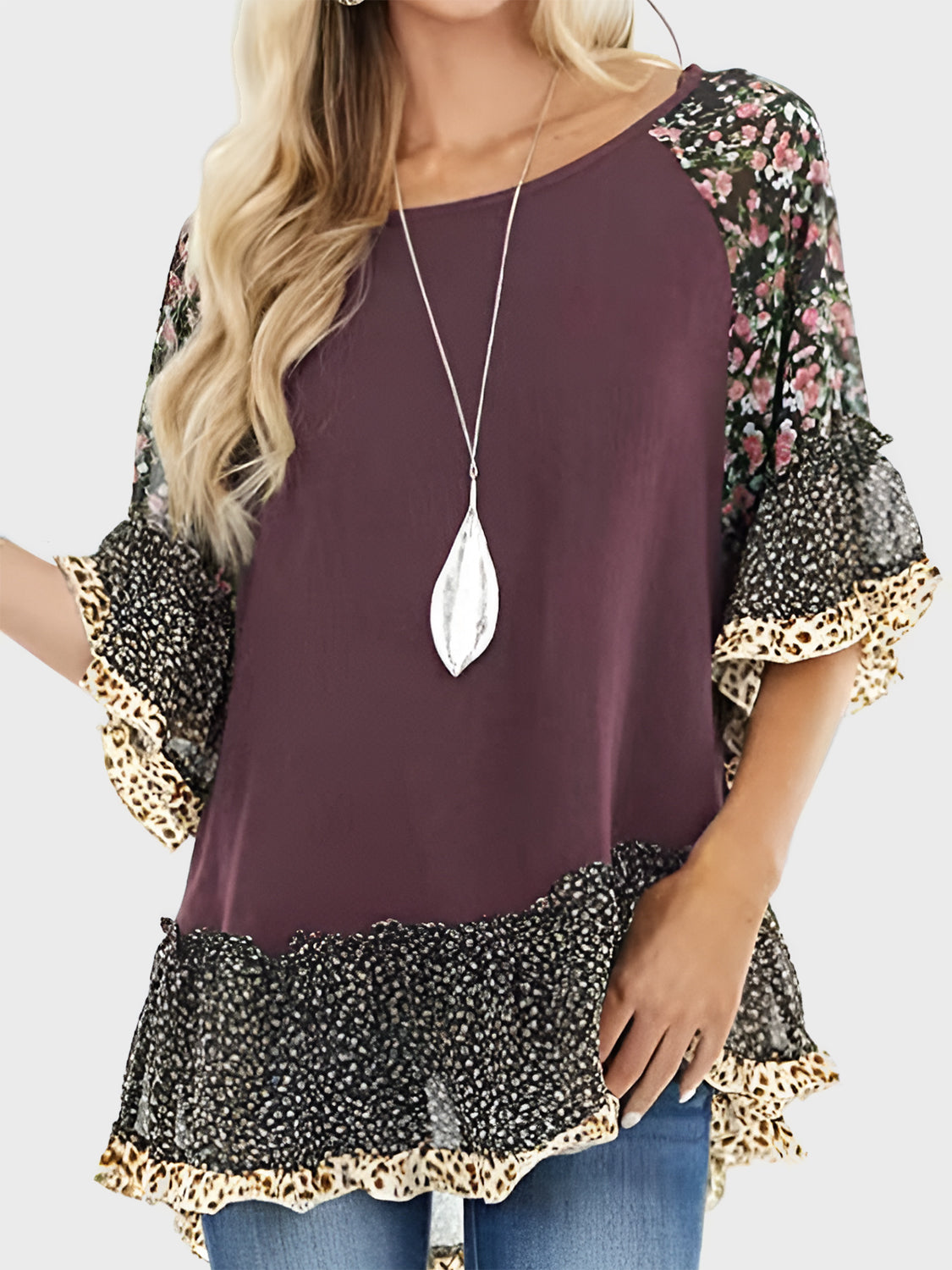 Full Size Frill Printed Round Neck Half Sleeve Blouse