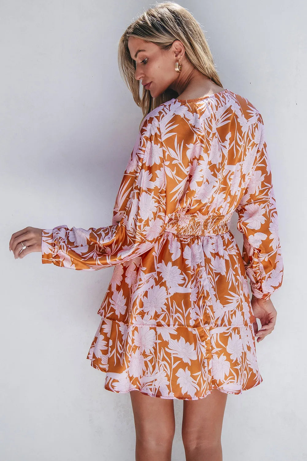 Smocked Printed Long Sleeve Mini Dress