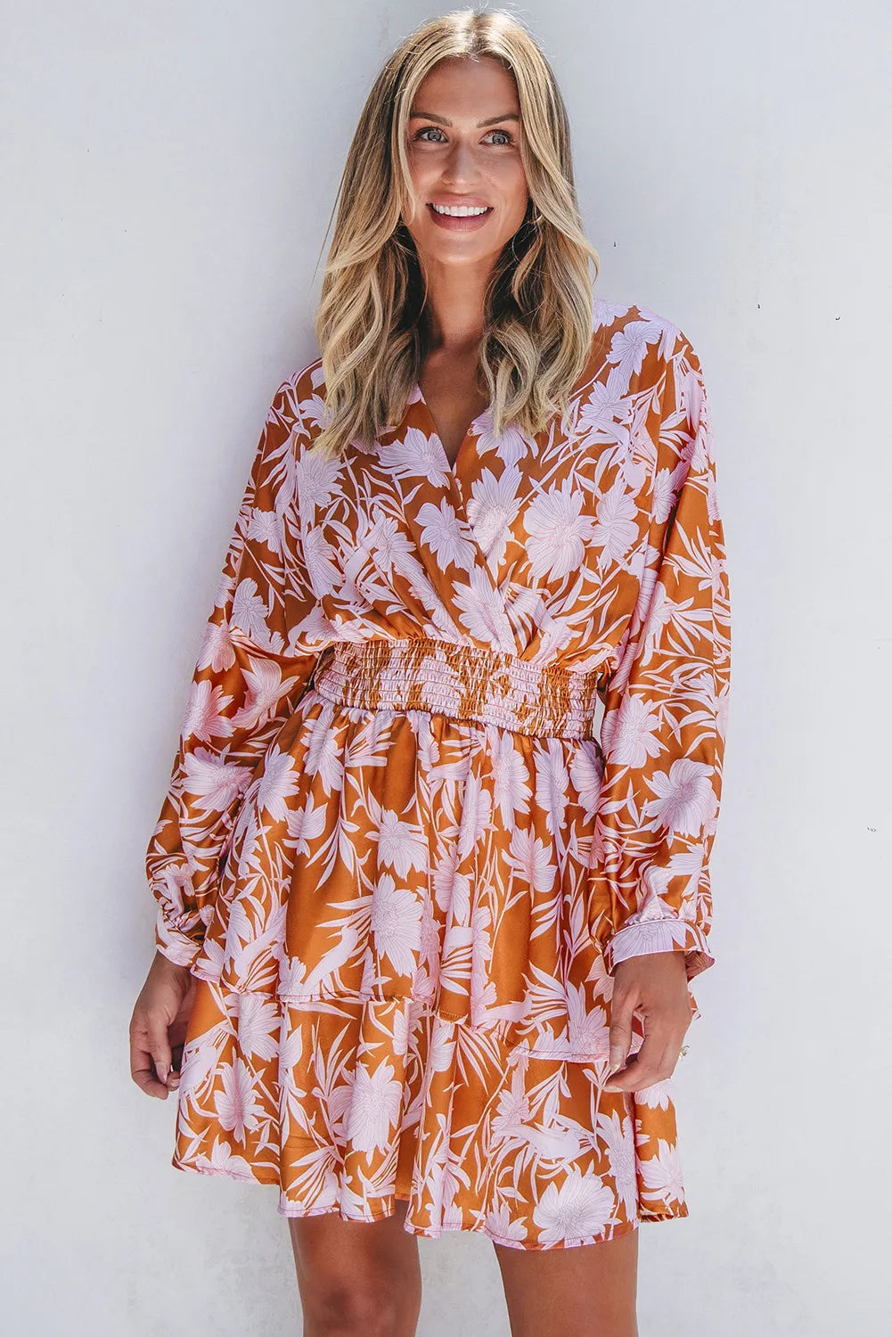 Smocked Printed Long Sleeve Mini Dress