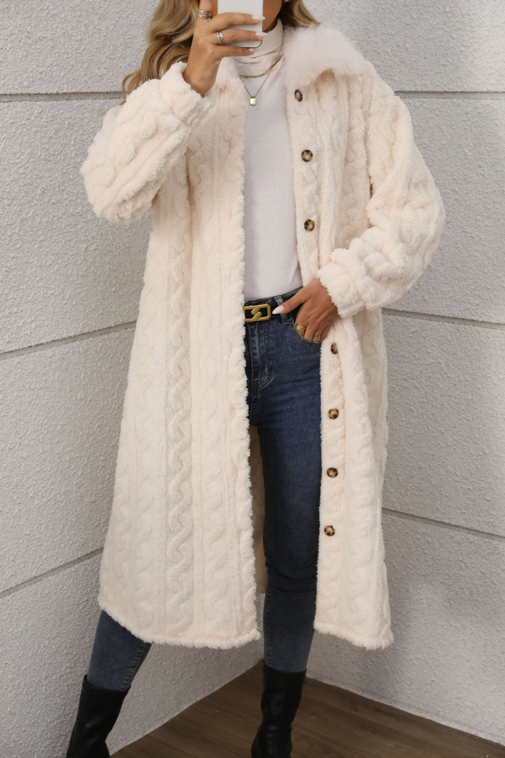 Furry Button Up Long Sleeve Longline Coat