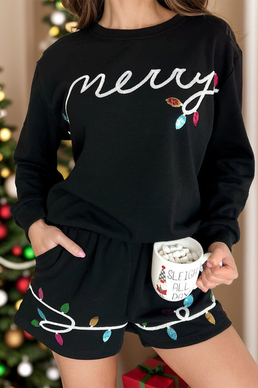 MERRY Sequin Round Neck Long Sleeve Top and Shorts Set