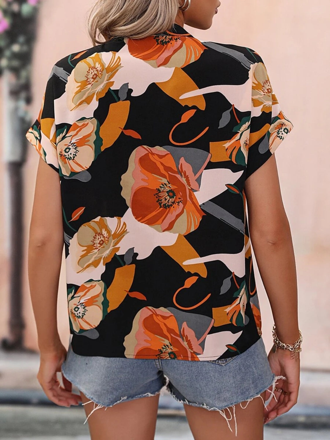 Printed Notched Short Sleeve Blouse