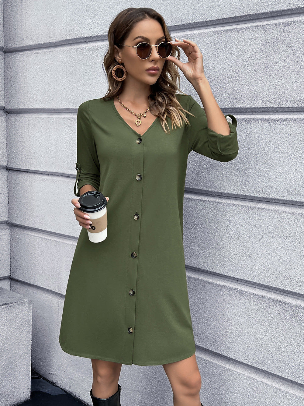 Button Down V-Neck Mini Dress