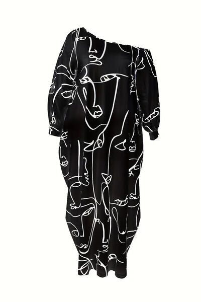 Printed Single Shoulder Lantern Sleeve Maxi Dress